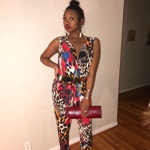 Animal print jumpsuit with plunging neckline